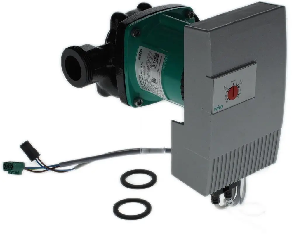 Pumpe mit motorisierter Steuerung und grünem Gehäuse, ausgestattet mit Anschlussleitungen und O-Ringen, von der Marke Bosch.